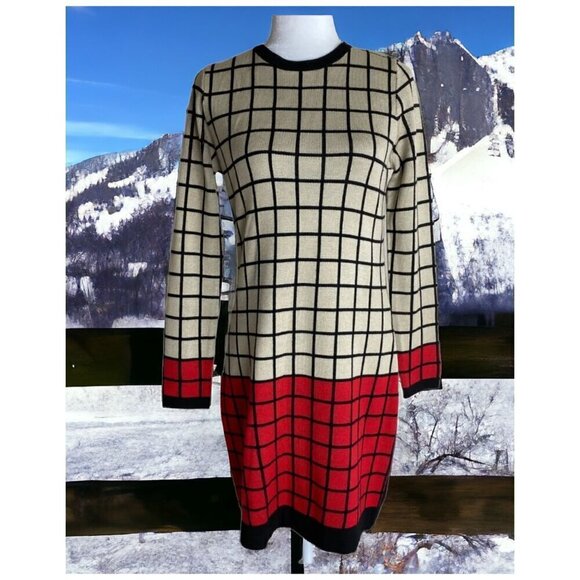 J Howard Windowpane Print Long Sleeve Sweater Dress Red Cream Black Women's Sz S - Picture 1 of 9